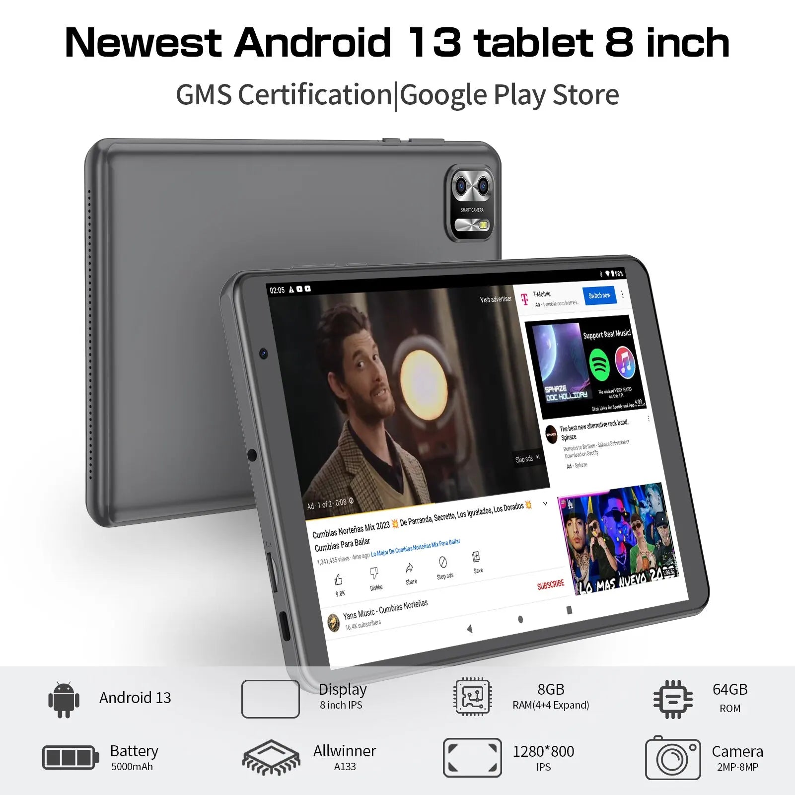 PRITOM 8” Android 13 Tablet 64GB with Expandable Storage